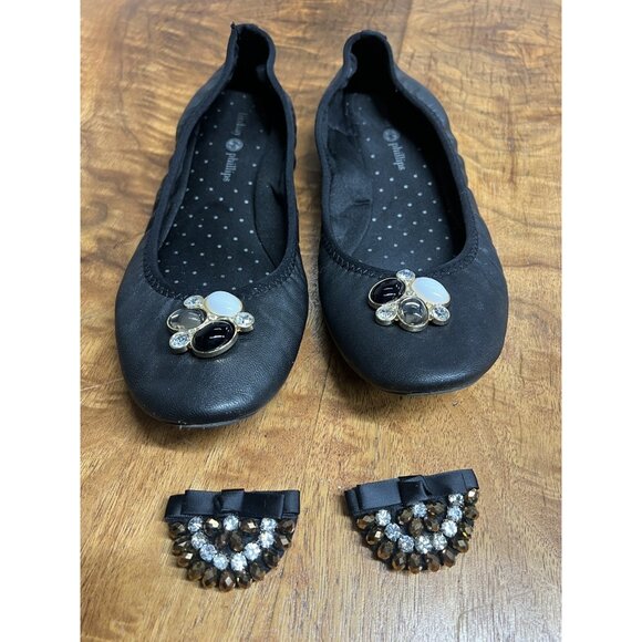 Lot Lindsay Phillips Women’s 9.5 Zip Black Genuine Leather Ballet Flats 2 Snaps - Picture 10 of 11